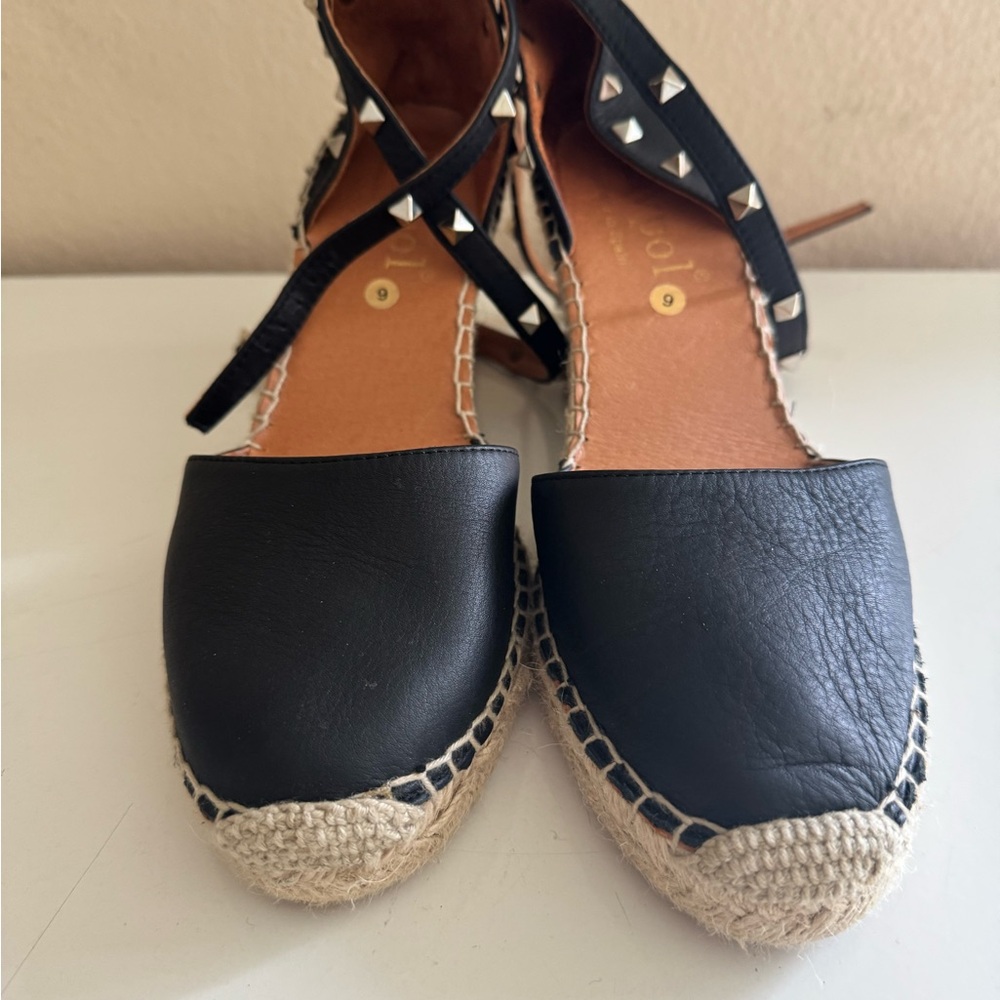 Black and Tan Espadrille Flats with Ankle Straps